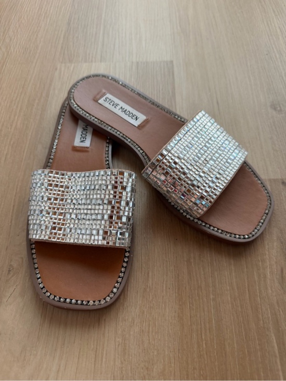 Steve Madden Silver Mirror Rhinestone Slide Sandals Size 7